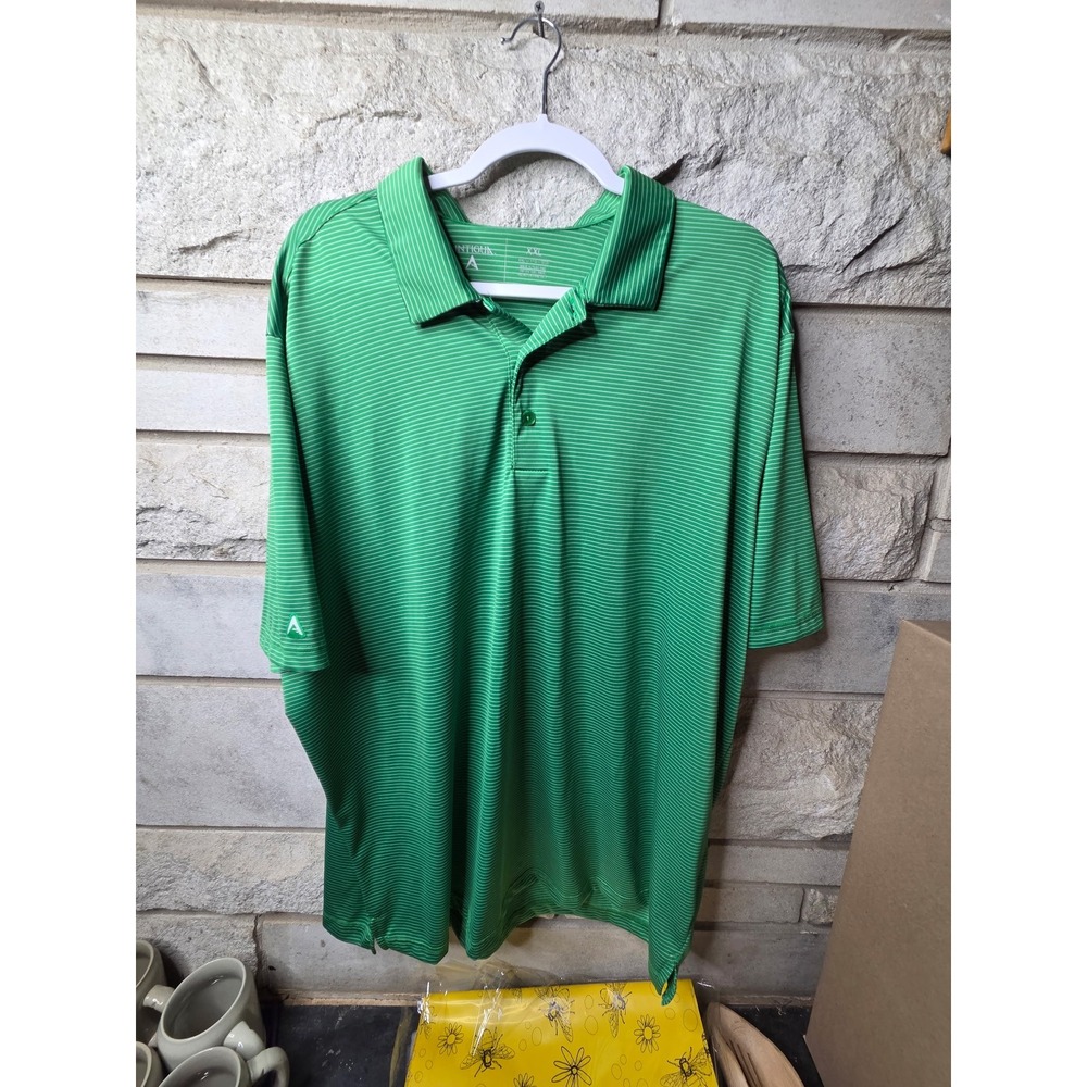 Antigua Mens XXL‎ Green Striped Short Sleeve Performance Golf Polo Shirt Logo